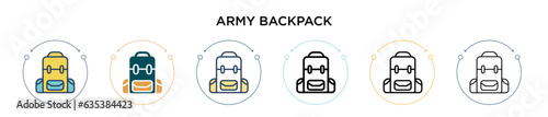 Army backpack icon in filled, thin line, outline and stroke style. Vector illustration of two colored and black army backpack vector icons designs can be used for mobile, ui, web