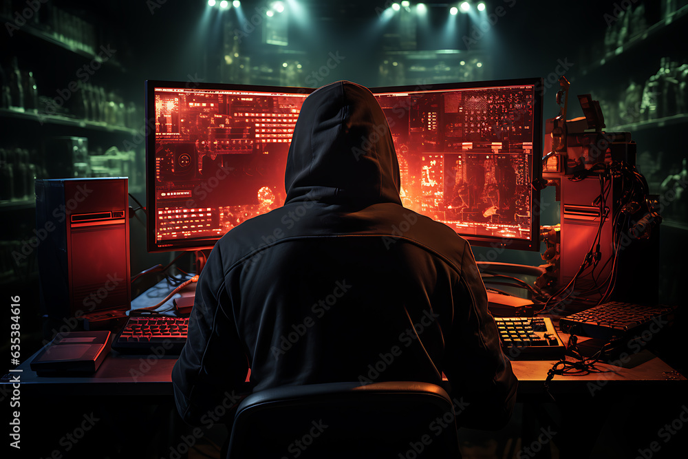 hacker sitting at the computer cyber security and antispyware concept hacker sitting at the computer cyber security and antispyware concept