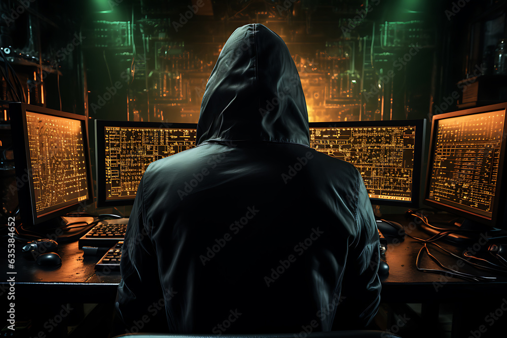 hacker sitting at the computer cyber security and antispyware concept hacker sitting at the computer cyber security and antispyware concept