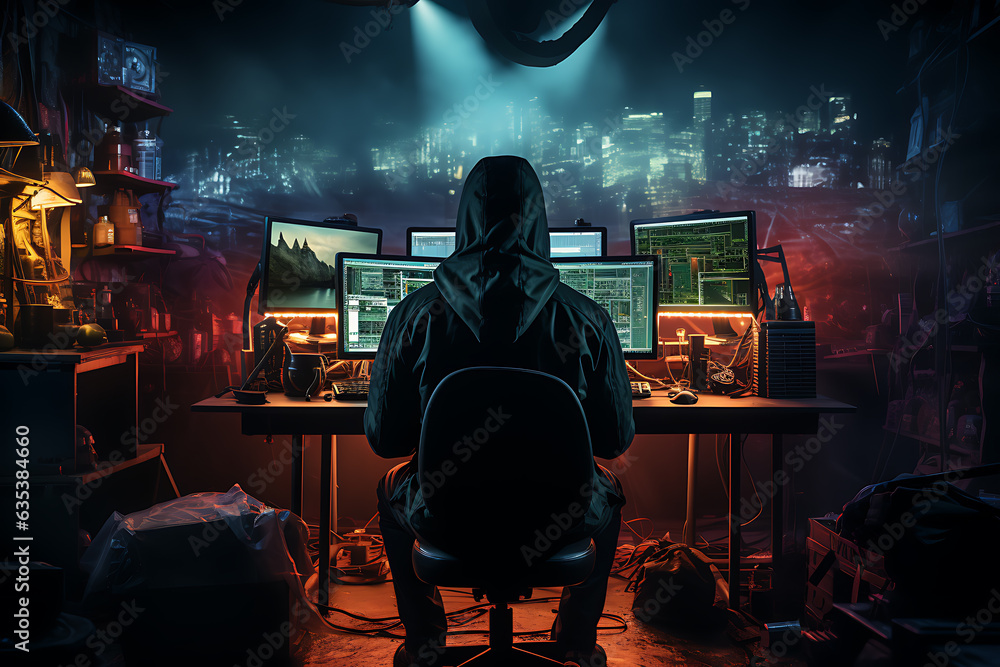hacker sitting at the computer cyber security and antispyware concept hacker sitting at the computer cyber security and antispyware concept