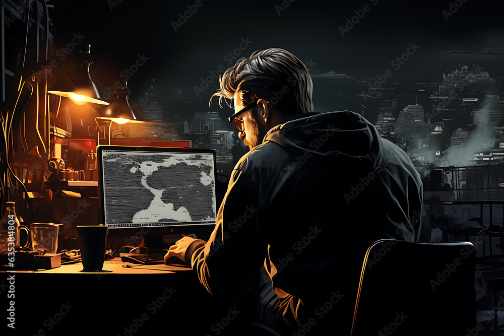 hacker sitting at the computer cyber security and antispyware concept 