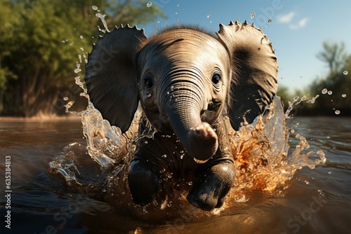 Endearing baby elephant finds glee as it dances amidst refreshing puddle waters Generative AI