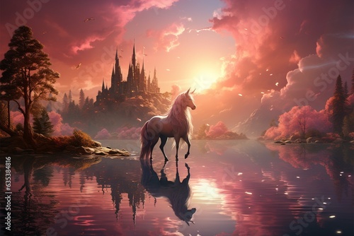 Graceful unicorn rests near clear lake  its beauty echoed in mirrored reflection Generative AI