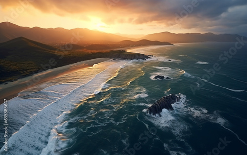 Aerial beautiful shot of a seashore with hills on the background at sunset