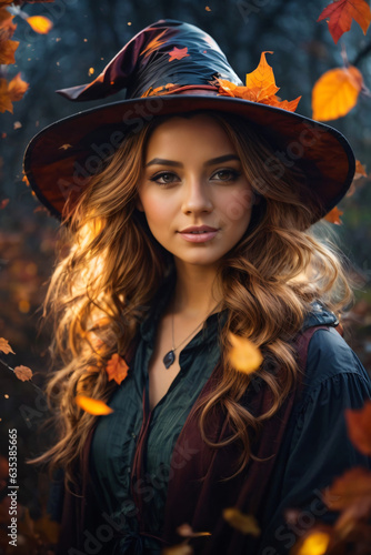 A charming girl as Halloween witch, Generative AI