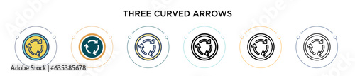 Three curved arrows icon in filled, thin line, outline and stroke style. Vector illustration of two colored and black three curved arrows vector icons designs can be used for mobile, ui, web