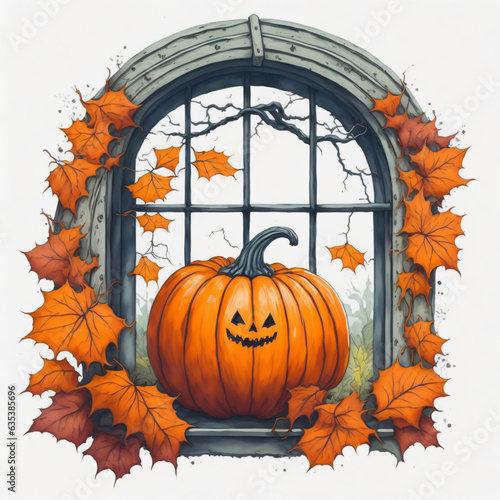 Cute and cozy windows with fall decorations  Halloween pumpkins on the window Autumn look white background autumn leaves  Generative AI