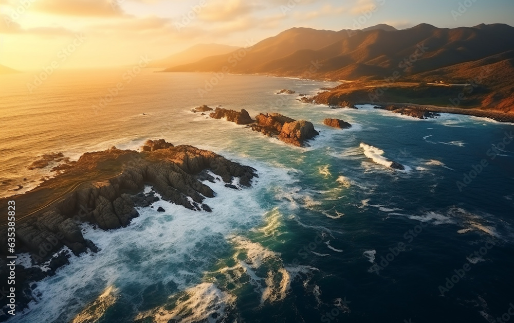 Aerial beautiful shot of a seashore with hills on the background at sunset Aerial beautiful shot of a seashore with hills on the background at sunset