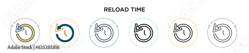 Reload time icon in filled, thin line, outline and stroke style. Vector illustration of two colored and black reload time vector icons designs can be used for mobile, ui, web