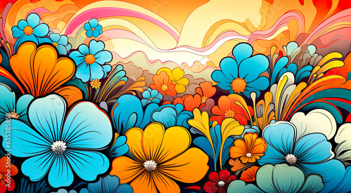 Colorful 70s Retro Style poster art with flowers, and psychedelic wavy shapes, colors in orange, pale blue, yellow and greens. Background texture or wall art.