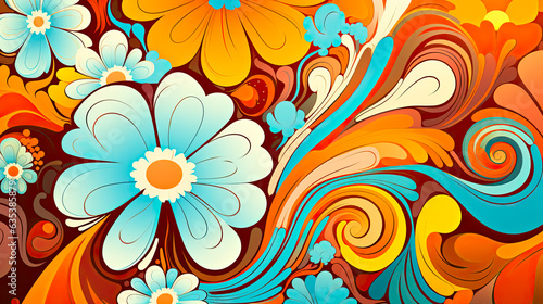 Colorful 70s Retro Style poster art with flowers  and psychedelic wavy shapes  colors in orange  pale blue  yellow and greens. Background texture or wall art.