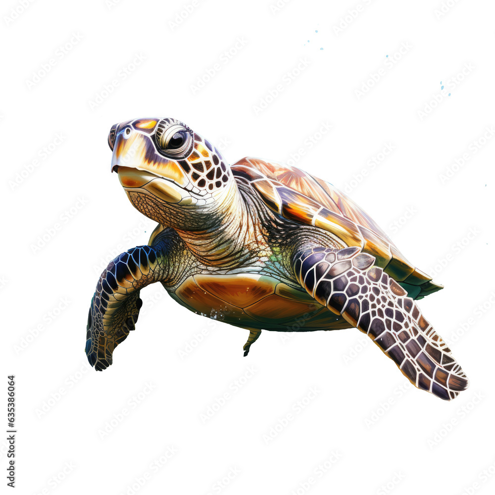 Obraz premium A watercolor turtle T-shirt design portraying a surreal underwater realm, where the turtle interacts, Generative Ai