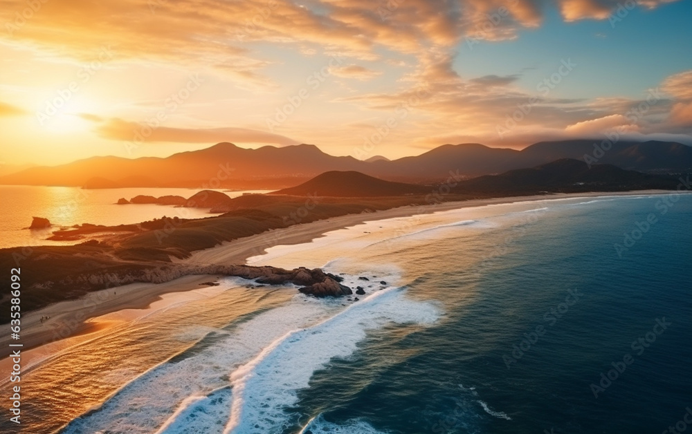 Fototapeta premium Aerial beautiful shot of a seashore with hills on the background at sunset