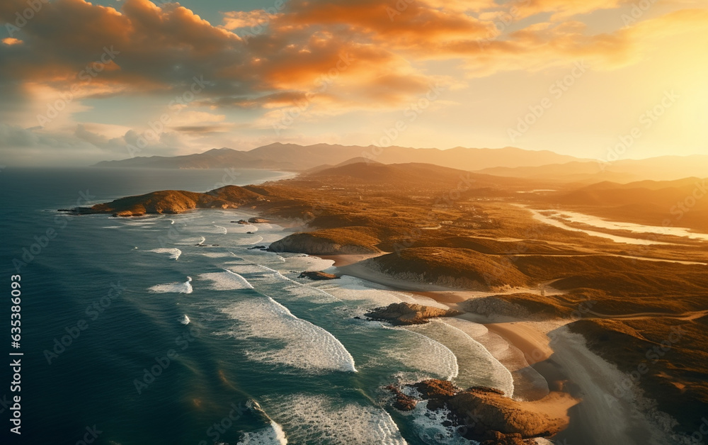 Aerial beautiful shot of a seashore with hills on the background at sunset