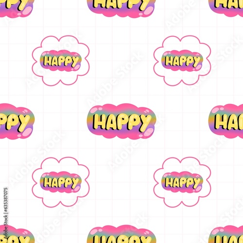 Girl happy text, cute pink colorful abstract drawings. Seamless pattern repeating texture background design for fashion graphics, textile prints, fabrics, wallpapers.