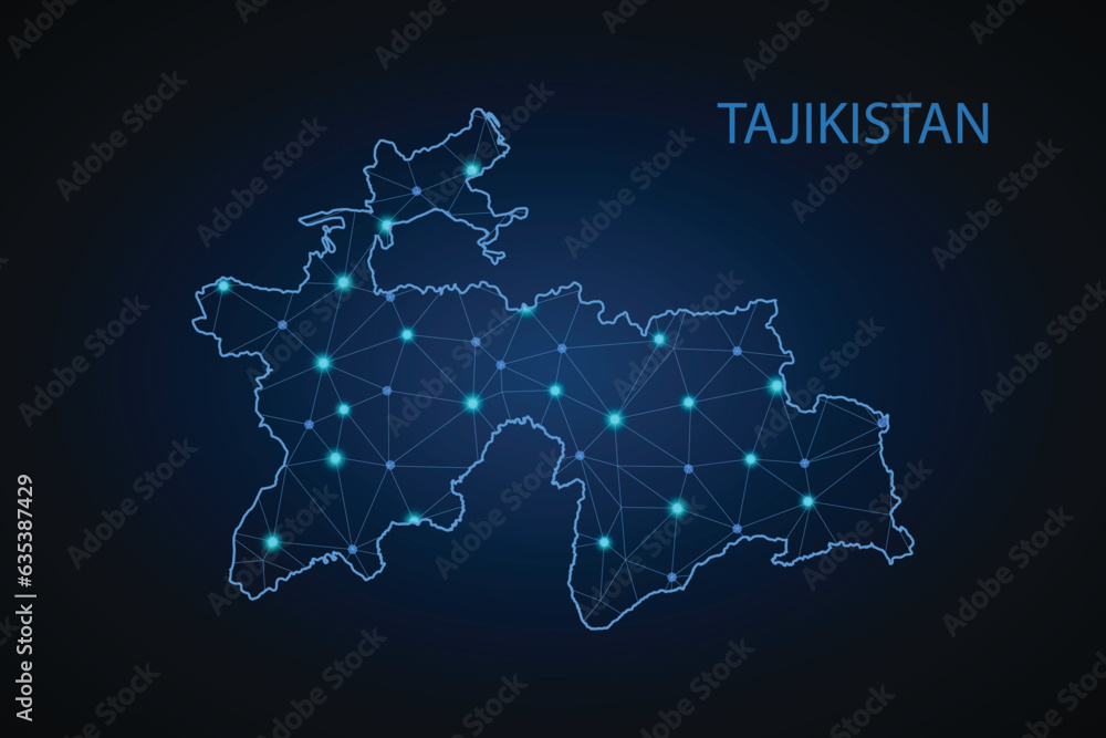 Map of Tajikistan. Wire frame 3D mesh polygonal network line, design sphere, dot and structure. communications map of Tajikistan. Vector Illustration EPS10.