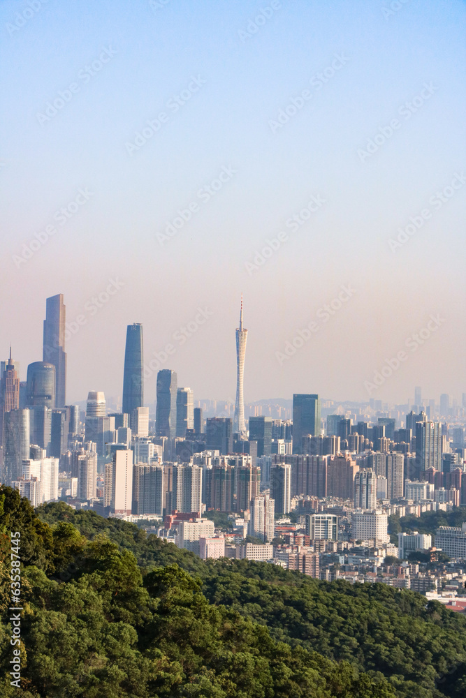 A view of the skyscrapers in downtown Guangzhou from Baiyun Mountain