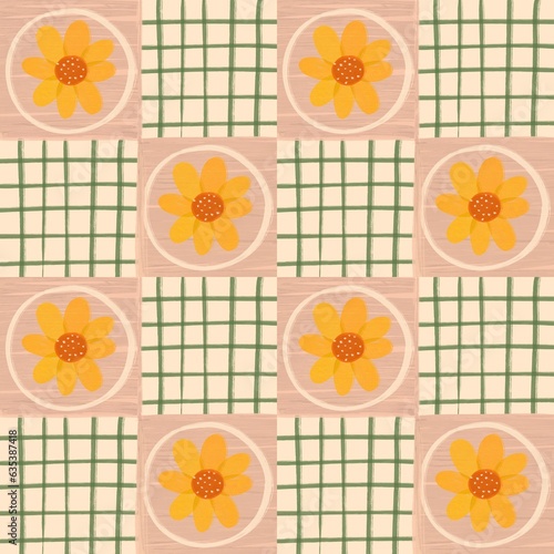 Hand draw Seamless of sunflower and check. Cute floral pattern.