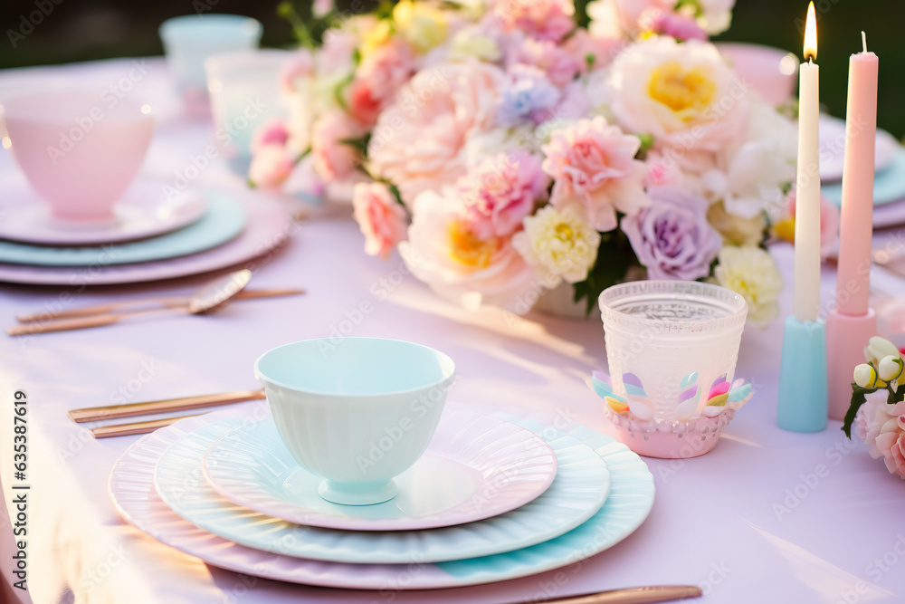 Elegance meets celebration in this birthday table setup, featuring pastel dining essentials and a captivating centerpiece Elegance meets celebration in this birthday table setup, featuring pastel dining essentials and a captivating centerpiece