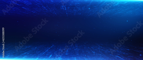 Perspective grid digital abstract background shining blue floor ground particles stars dust with flare. Futuristic glittering in space on black background.