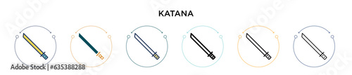 Katana icon in filled, thin line, outline and stroke style. Vector illustration of two colored and black katana vector icons designs can be used for mobile, ui, web
