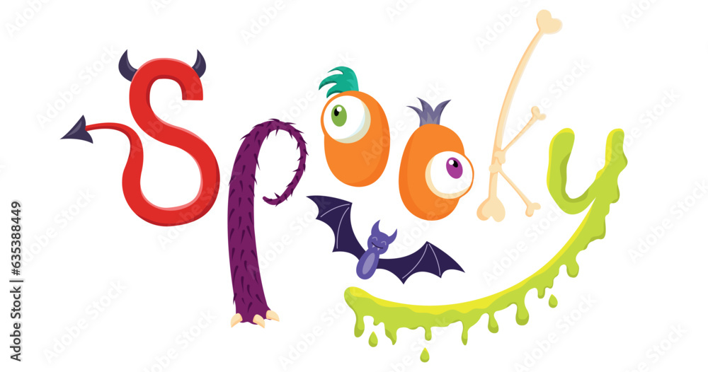 Spooky lettering design with bat in cartoon style. Holiday calligraphy for halloween poster, banner, greeting card, invitation, t-shirt. Vector trendy illustration. Spooky lettering design with bat in cartoon style. Holiday calligraphy for halloween poster, banner, greeting card, invitation, t-shirt. Vector trendy illustration.