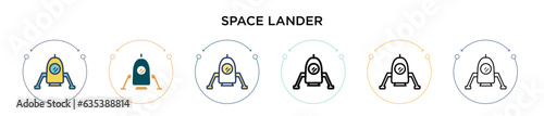 Space lander icon in filled, thin line, outline and stroke style. Vector illustration of two colored and black space lander vector icons designs can be used for mobile, ui, web
