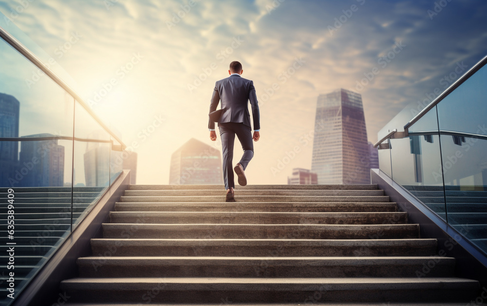 Ambitious business man climbing stairs to success