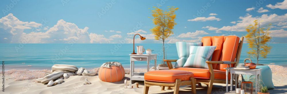 Vacation in pastel tones on a caribic beach with best weather, sunny day, blue sky and extremely relaxing feeling, 3D graphic, AI-generated