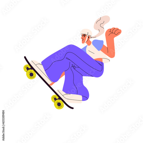 Young woman skater riding skate board. Cool skateboarder jumping with skateboard, extreme trick in air. Happy active girl on longboard. Flat graphic vector illustration isolated on white background