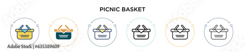 Picnic basket icon in filled, thin line, outline and stroke style. Vector illustration of two colored and black picnic basket vector icons designs can be used for mobile, ui, web