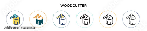 Woodcutter icon in filled, thin line, outline and stroke style. Vector illustration of two colored and black woodcutter vector icons designs can be used for mobile, ui, web