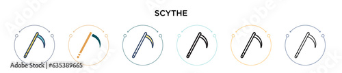 Scythe icon in filled, thin line, outline and stroke style. Vector illustration of two colored and black scythe vector icons designs can be used for mobile, ui, web