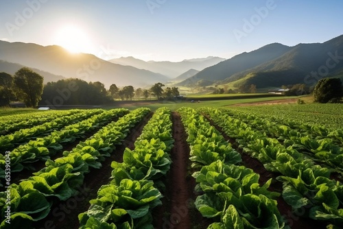 An expansive organic lettuce field thriving in the sunlight, Generative Ai