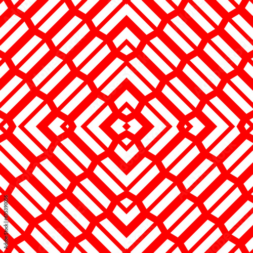 Repeated white geometric figures on red background. Seamless surface pattern design with symmetrical trapeziums and brackets ornament. Polygons wallpaper. Diagonal dashes and lines motif. Vector art