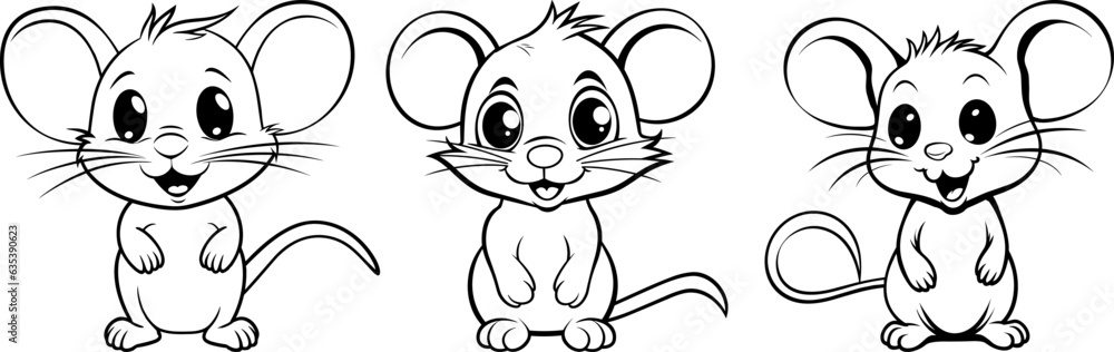 Funny cartoon mouse set black outline