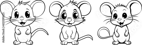 Funny cartoon mouse set black outline