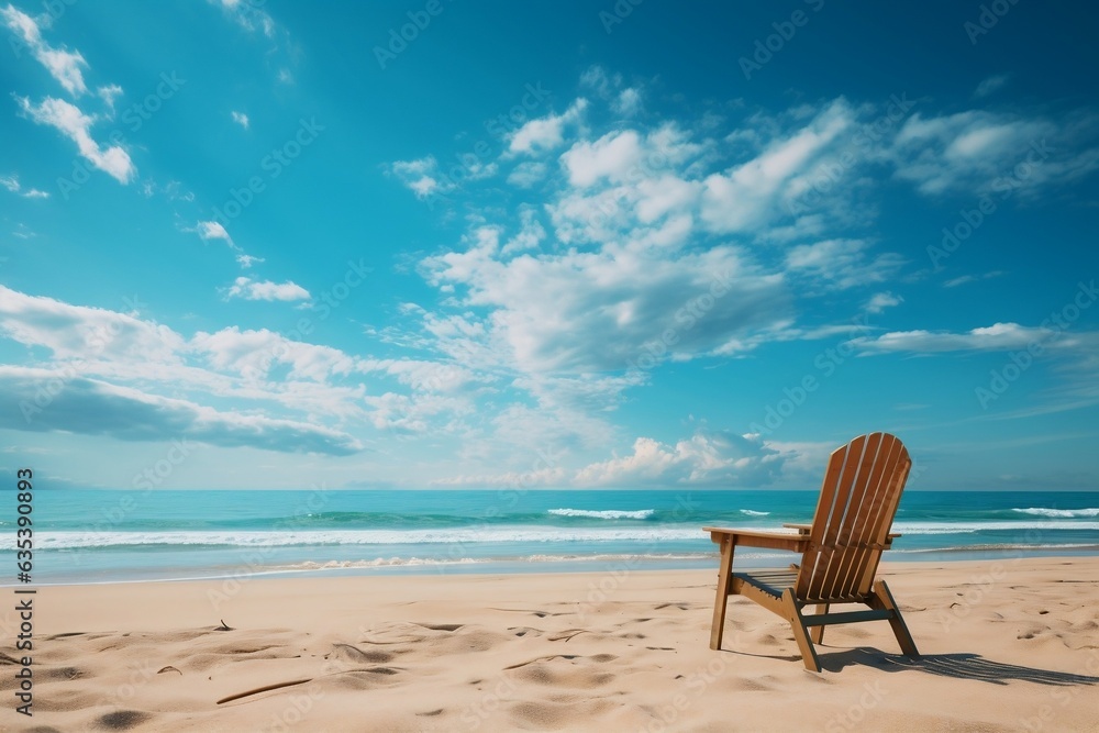 Concept of beach vacation with a chair and blue sky, Generative Ai