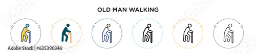 Old man walking icon in filled, thin line, outline and stroke style. Vector illustration of two colored and black old man walking vector icons designs can be used for mobile, ui, web
