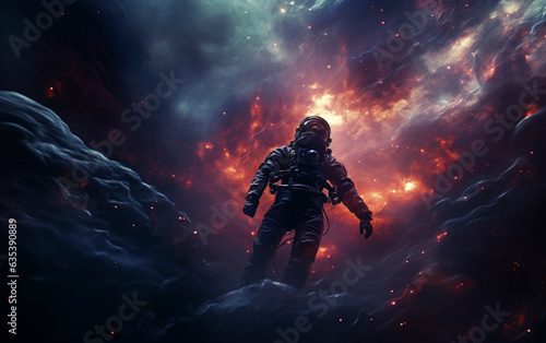 An astronaut swimming through a nebula in space + space, astronaut, dreamlike, symbolism