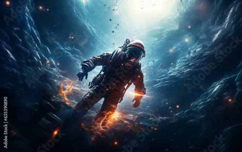 An astronaut swimming through a nebula in space + space, astronaut, dreamlike, symbolism © MUS_GRAPHIC