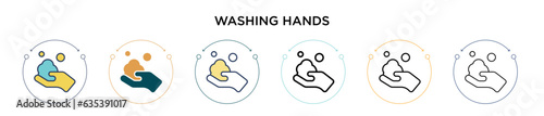 Washing hands icon in filled, thin line, outline and stroke style. Vector illustration of two colored and black washing hands vector icons designs can be used for mobile, ui, web