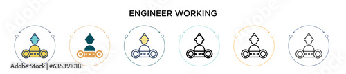 Engineer working icon in filled, thin line, outline and stroke style. Vector illustration of two colored and black engineer working vector icons designs can be used for mobile, ui, web