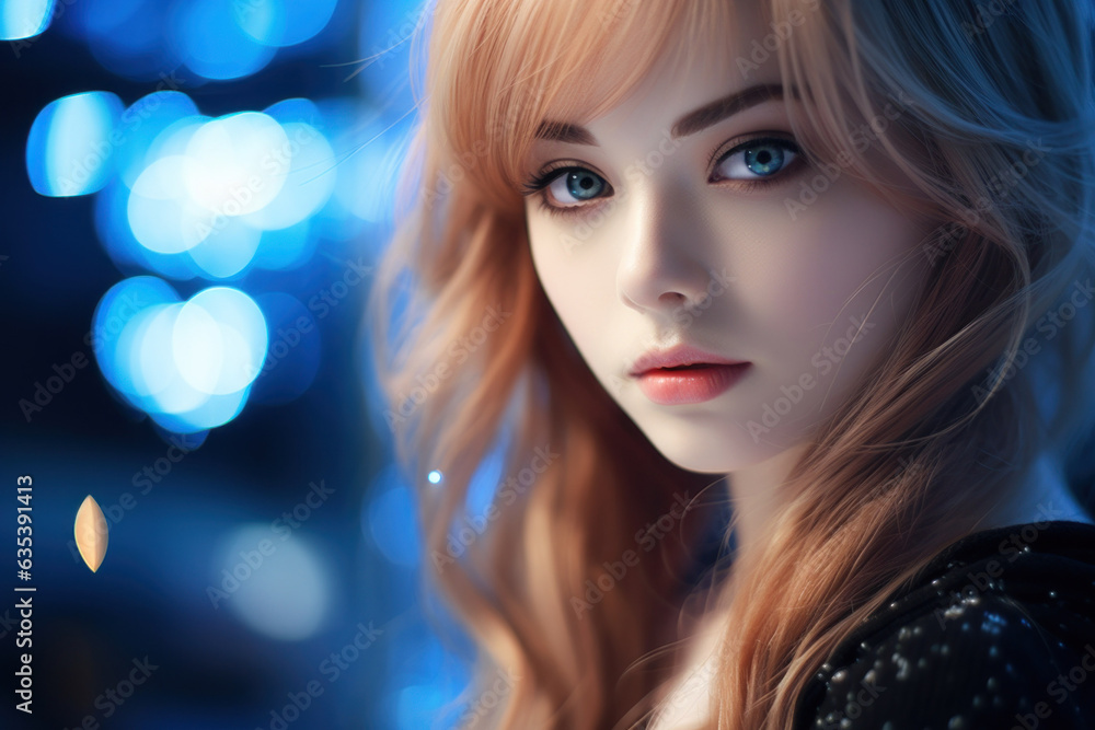 Naklejka premium Gorgeous portrait of a young model, pretty and glamourous, captivating eyes, dark midnight blue bokeh blur, light streaks, futuristic cyberpunk city - generative AI