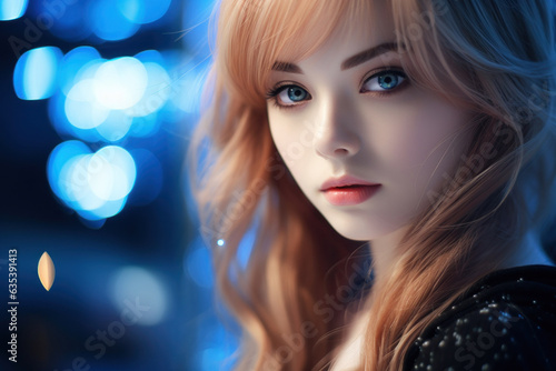 Gorgeous portrait of a young model, pretty and glamourous, captivating eyes, dark midnight blue bokeh blur, light streaks, futuristic cyberpunk city - generative AI