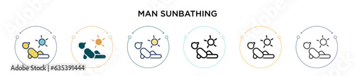 Man sunbathing icon in filled, thin line, outline and stroke style. Vector illustration of two colored and black man sunbathing vector icons designs can be used for mobile, ui, web