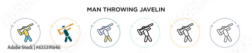 Man throwing javelin icon in filled, thin line, outline and stroke style. Vector illustration of two colored and black man throwing javelin vector icons designs can be used for mobile, ui, web