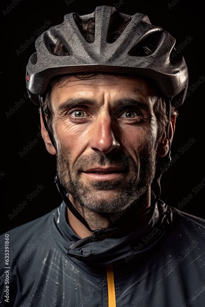 studio portrait of a cyclist in a helmet