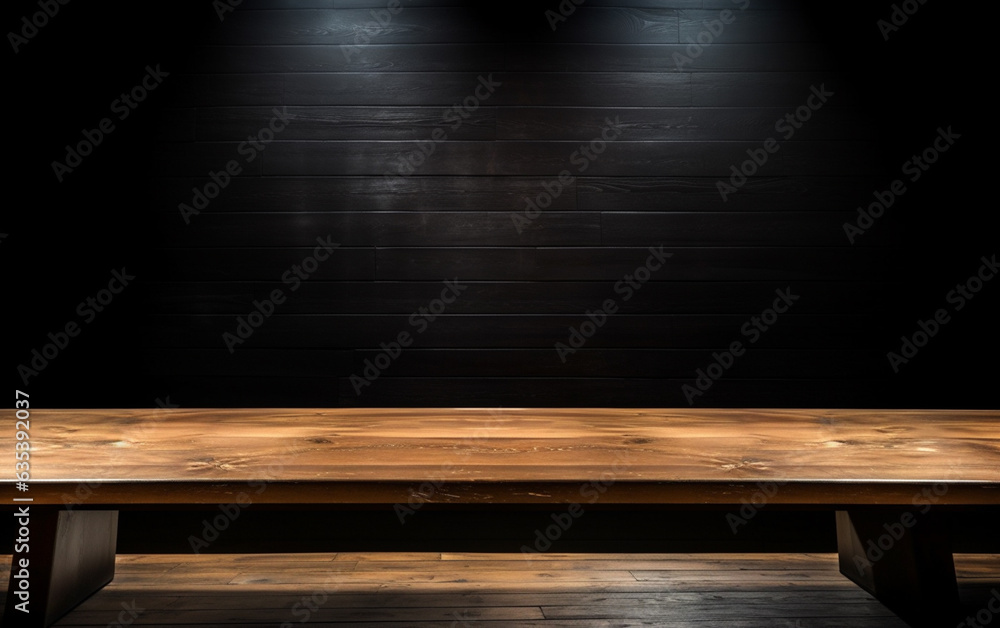 An empty wooden table for presentation with a dark background and isolated recessed lighting An empty wooden table for presentation with a dark background and isolated recessed lighting