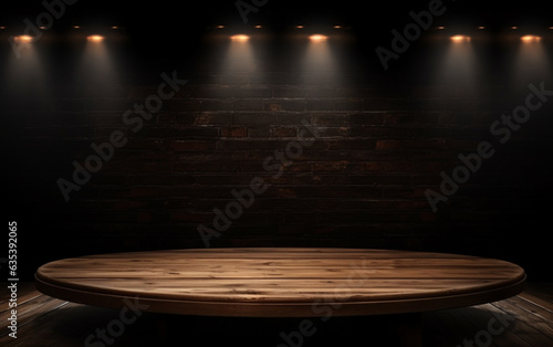 An empty wooden table for presentation with a dark background and isolated recessed lighting